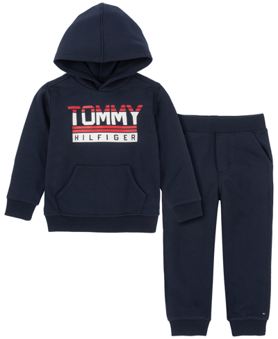 TOMMY HILFIGER NAVY BLUE FLEECE SIGNATURE HOODIE & JOGGERS 2PCS SET