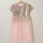 Luna Moon Cherry Crumble Girls Pink and Gold Sequined Embellished Dress