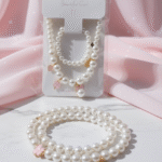 Beautiful Girl faux pearl necklace and bracelet set with pink charms
