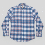 Blue, white, and red plaid long-sleeve button-down casual shirt