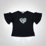 Casual Black Love Print Ruffle Top