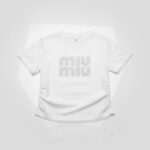 White Rhinestone Miu Miu Graphic Tee with Side Drawstrings